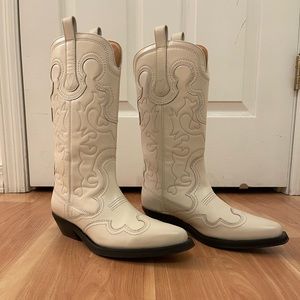 Ganni Mid Shaft Embroidered Western Boot - Color Egret